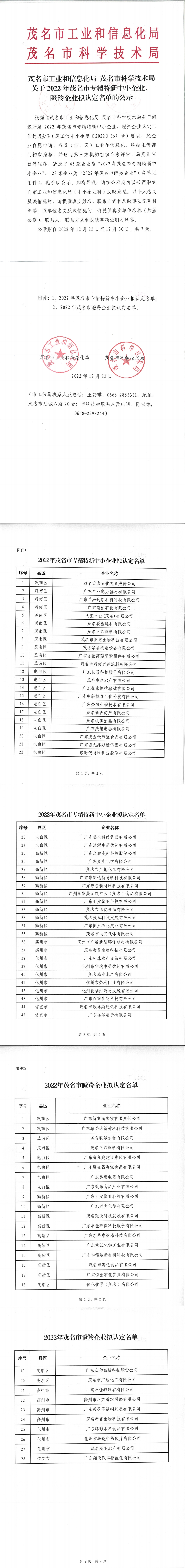 茂名市2022年专精特新中小企业、瞪羚企业拟认定名单的公示