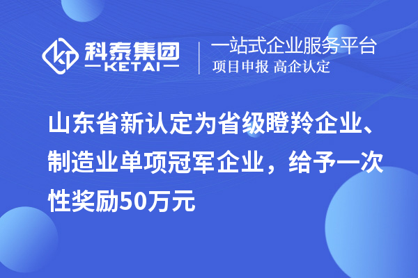 山东省新认定为省级瞪羚企业、制造业单项冠军企业，给予一次性奖励 50 万元