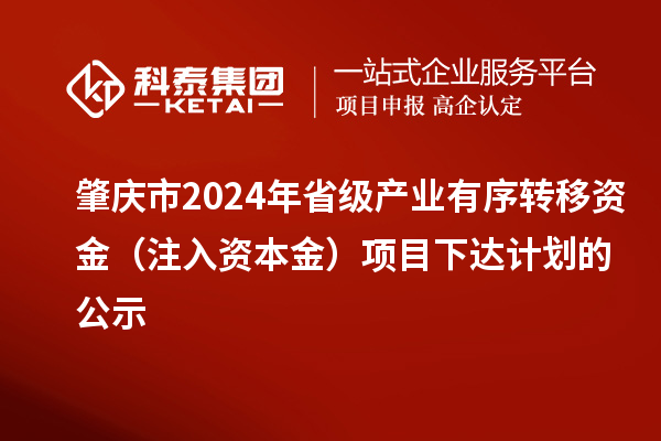 肇庆市2024年省级产业有序转移资金（注入资本金）项目下达计划的公示