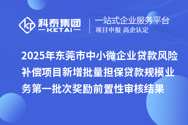 2025年东莞市中小微企业贷款风险补偿项目新增批量担保贷款规模业务第一批次奖励前置性审核结果