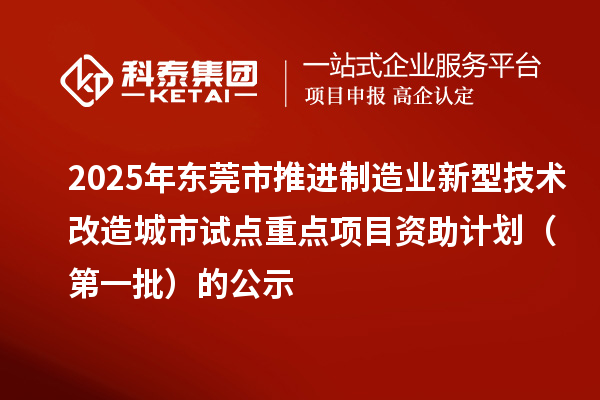 2025年东莞市推进制造业新型技术改造城市试点重点项目资助计划(第一批)的公示